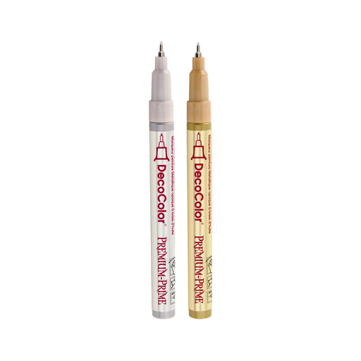 Decocolor premium extra fine tip markers silver and gold with cap off.
