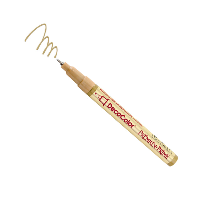 Decocolor premium extra fine tip marker gold with cap off and a gold squiggle at the tip.