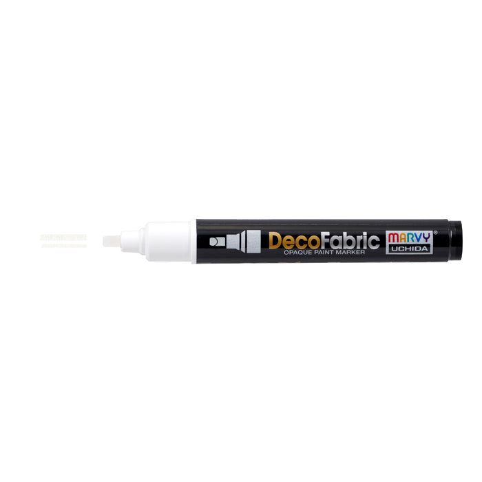 Decofabric marker white with cap off and a color squiggle at tip