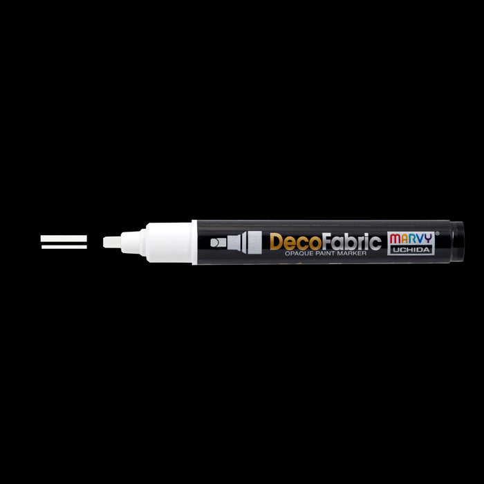 Decofabric marker white blue with cap off and a color line at tip with black background