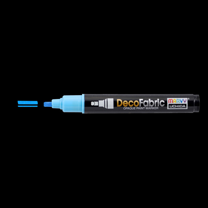 Decofabric marker light blue with cap off and color lines at tip with black background