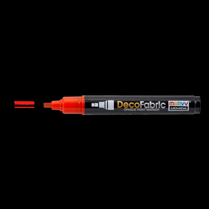 Decofabric marker red with cap off and a color line at tip with black background