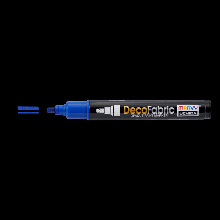 Decofabric marker blue with cap off and color lines at tip with black background