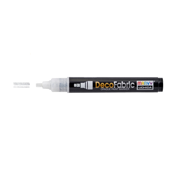 Decofabric glitter marker white with cap off and color lines at tip