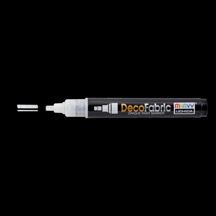 Decofabric glitter marker white with cap off and color lines at tip with black backgournd