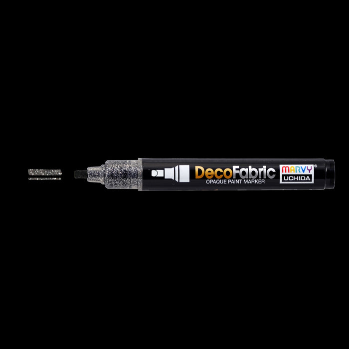 Decofabric glitter marker black with cap off and color lines at tip with black background