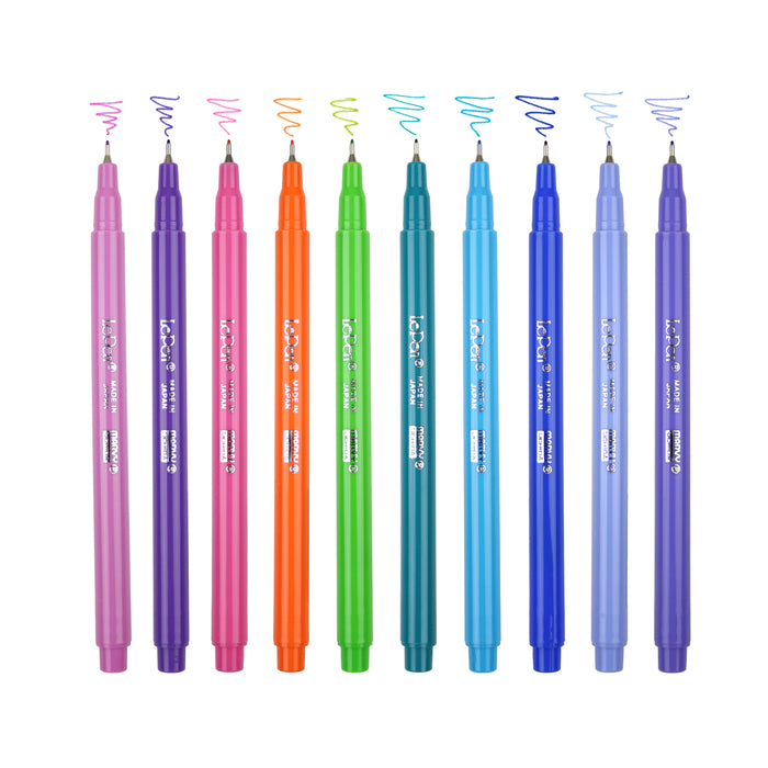 Le pen with color squiggles at tip with orchid, amythest, pink, orange, light green, teal, light blue, blue, periwinkle, and lavender