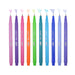 Le pen with color squiggles at tip with orchid, amythest, pink, orange, light green, teal, light blue, blue, periwinkle, and lavender
