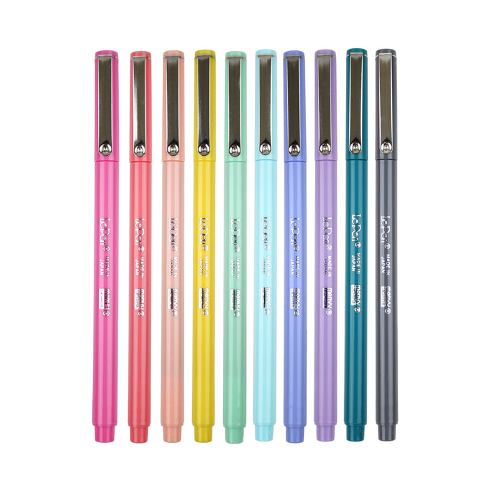 Le Pen ten piece set with cap on n pink, coral pink, pastel peach, yellow, peppermint, pale blue, periwinkle, wisteria, teak, and dark grey.