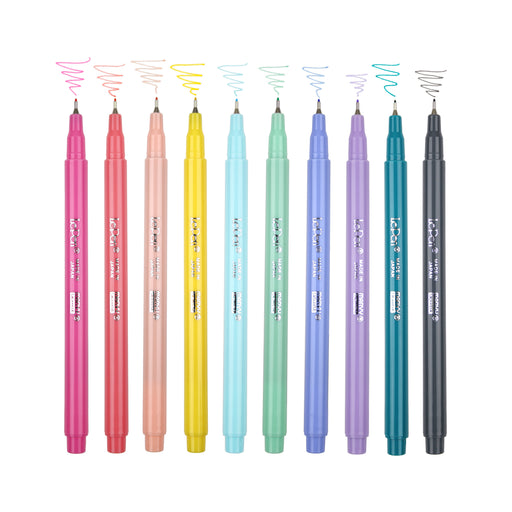 Le Pen ten piece set with cap off and color squiggles at the tip of pink, coral pink, pastel peach, yellow, peppermint, pale blue, periwinkle, wisteria, teak, and dark grey.