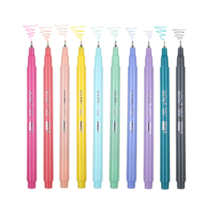 Le Pen ten piece set with cap off and color squiggles at the tip of pink, coral pink, pastel peach, yellow, peppermint, pale blue, periwinkle, wisteria, teak, and dark grey.