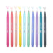 Le Pen ten piece set with cap off and color squiggles at the tip of pink, coral pink, pastel peach, yellow, peppermint, pale blue, periwinkle, wisteria, teak, and dark grey.