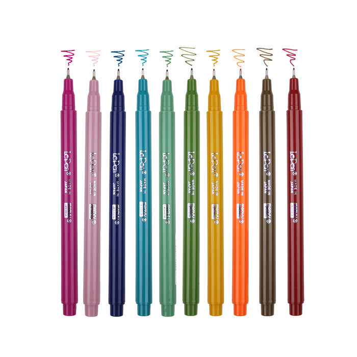 Le pen with color squiggles at tip with magenta, pale mauve, navy, teal, jade green, olive green, mustard, orange, sepia, and burgundy