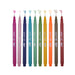 Le pen with color squiggles at tip with magenta, pale mauve, navy, teal, jade green, olive green, mustard, orange, sepia, and burgundy