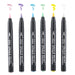 Opaque brush marker bubblegum pink, wisteria, pale blue, peppermint, yellow, and white with cap off and colors squiggles at the top of each marker.