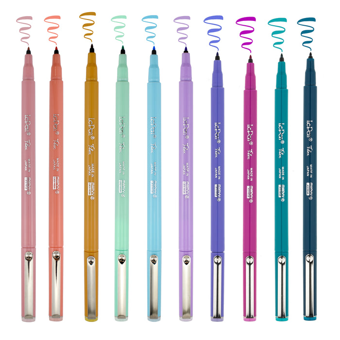 LE PEN FLEX PASTEL AND BRIGHT COLORS DUSTY PINK, CORAL PINK, OCHRE, PEPPERMINT, PALE BLUE, WISTERIA, AMETHYST, MAGENTA, TEAL, AND ORIENTAL BLUE.
