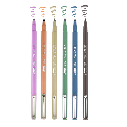 Le Pen Flex Retro color pen line up of pale mauve, coral peach, beige, jade green, steel blue, and sepia pens with squiggle marks on top of each marker.