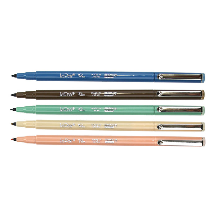 FIVE LEPEN FLEX PENS WITH CAP OFF. COLORS ARE STEEL BLUE, SEPIA, JADE GREEN, BEIGE, CORAL PEACH