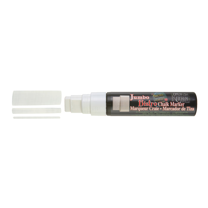 A white Jumbo Bistro chalk marker with 3 lines showing the various thickness.