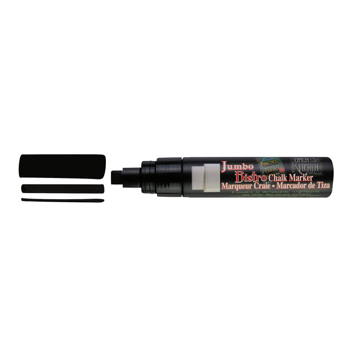 A black Jumbo Bistro chalk marker with 3 lines showing the various thickness.