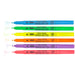 Shoe decor fabric marker fluorescent set with cap off an showing color squiggles at the tips. Fluorescent blue, fluorescent green, fluorescent yellow, fluorescent orange, fluorescent violet, and fluorescent pink.