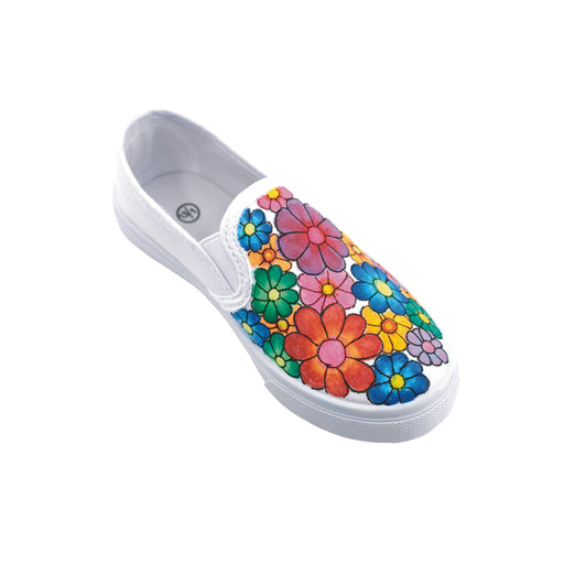 A decorated shoe sample using some of the colors in the fluorescent color set.