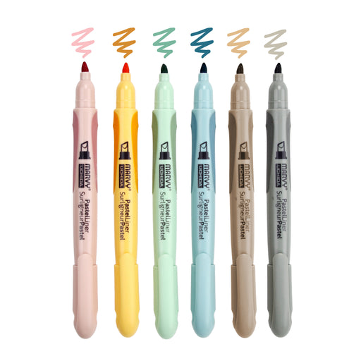 Pastel liner retro color line up with dusty pink, mustard, jade green, steel blue, beige and grey. All with cap off showing the tip and a color squiggle mark on top of each marker.