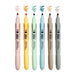 Pastel liner retro color line up with dusty pink, mustard, jade green, steel blue, beige and grey. All with cap off showing the tip and a color squiggle mark on top of each marker.