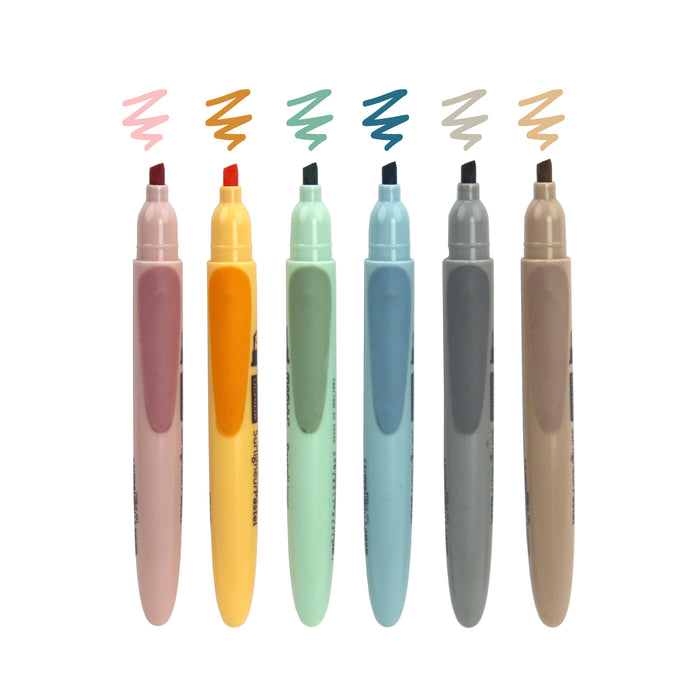 Pastel liner retro color line up with dusty pink, mustard, jade green, steel blue, beige and grey. All with cap off showing the chisel tip and a color squiggle mark on top of each marker.