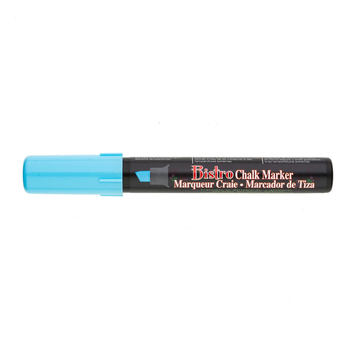 Bistro chalk fluorescent blue chisel tip marker with cap on.