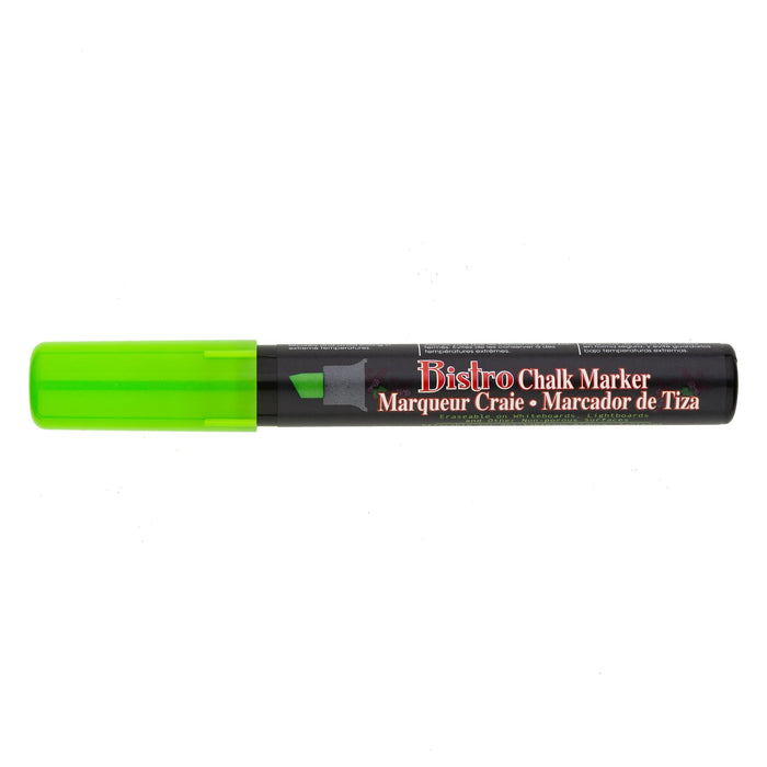 Bistro chalk fluorescent green chisel tip marker with cap on.