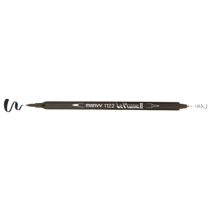 Le Plume II marker sample with a brush tip on one end and an extra fine tip on the other.