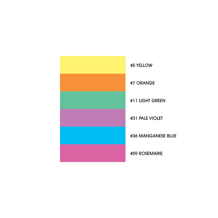 Le plume II six piece bright set color chart with yellow, orange, light green, pale violet, manganese blue, and rosemarie.