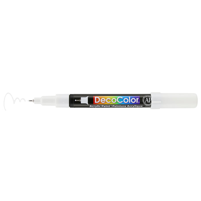 Decocolor acrylic extra fine tip marker white with cap off and color lines at tip