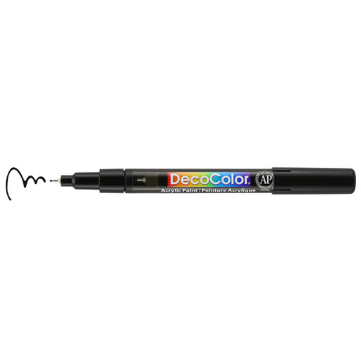 Decocolor acrylic extra fine tip marker black with cap off and color lines at tip
