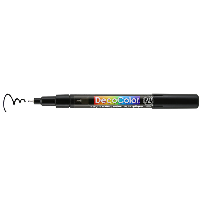 Decocolor acrylic extra fine tip marker black with cap off and color lines at tip