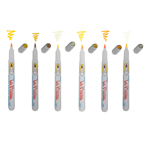 Le plume permanent yellow set markers with cap off and a color suiggle at each tip.