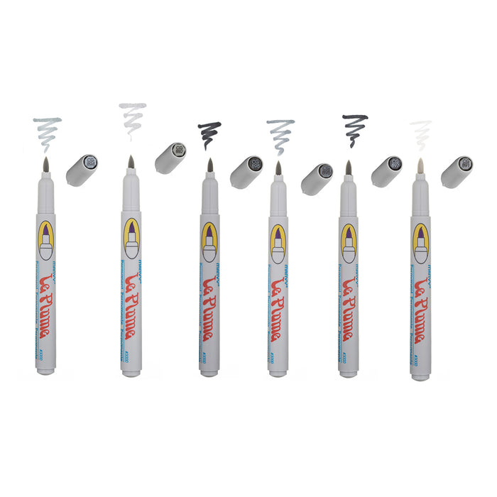 Le plume permanent grey set markers with cap off and color squiggle at the tip