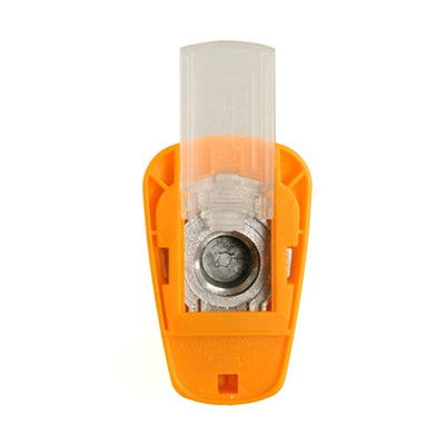 the bottom view of the CLEVER LEVER CRAFT PUNCH showing a slide out plastic piece that makes it easier to remove punched out shapes. 