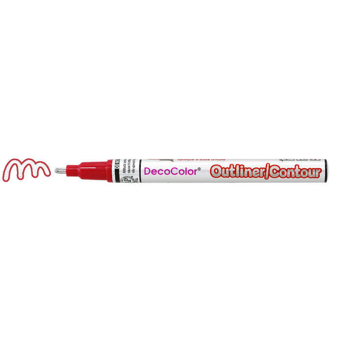 Decocolor outliner marker red with cap off and a color squiggle at the tip. The color shows a red outline on the silver squiggle.