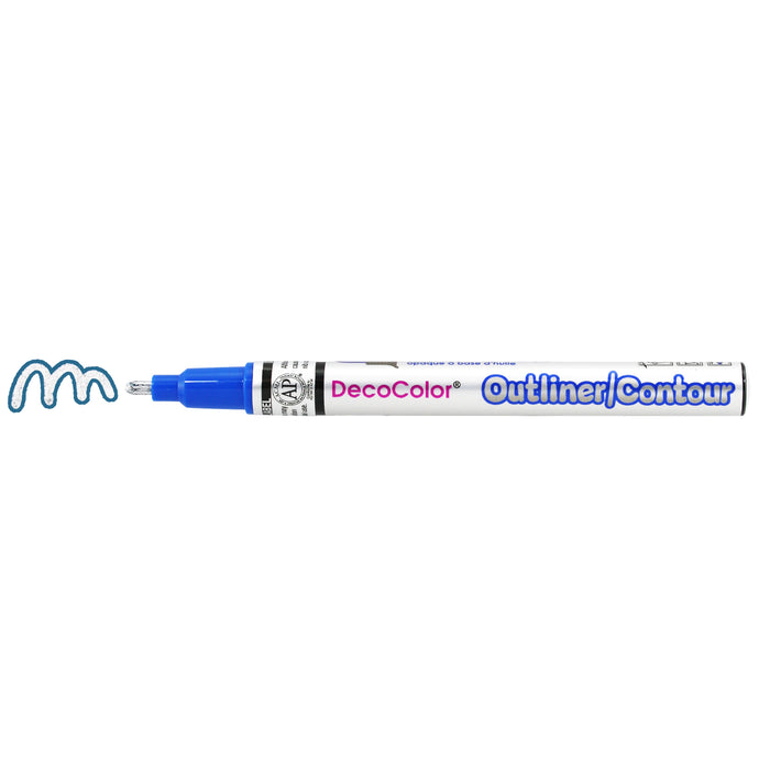 Decocolor outliner marker blue with cap off and a color squiggle at the tip. The color shows a blue outline on the silver squiggle.