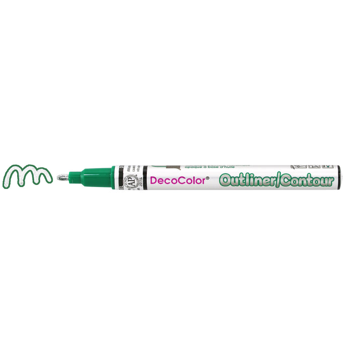 Decocolor outliner marker green with cap off and a color squiggle at the tip. The color shows a green outline on the silver squiggle.
