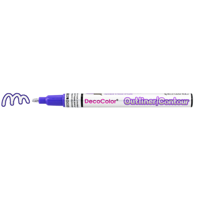 Decocolor outliner marker violet with cap off and a color squiggle at the tip. The color shows a violet outline on the silver squiggle.