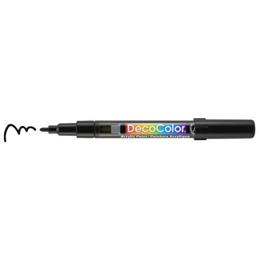 Decocolor acrylic fine tip marker black with cap off and color lines at tip