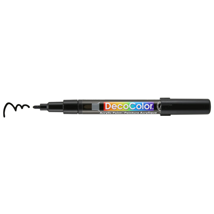 Decocolor Acrylic fine tip whblackite with cap off and color squiggle at tip