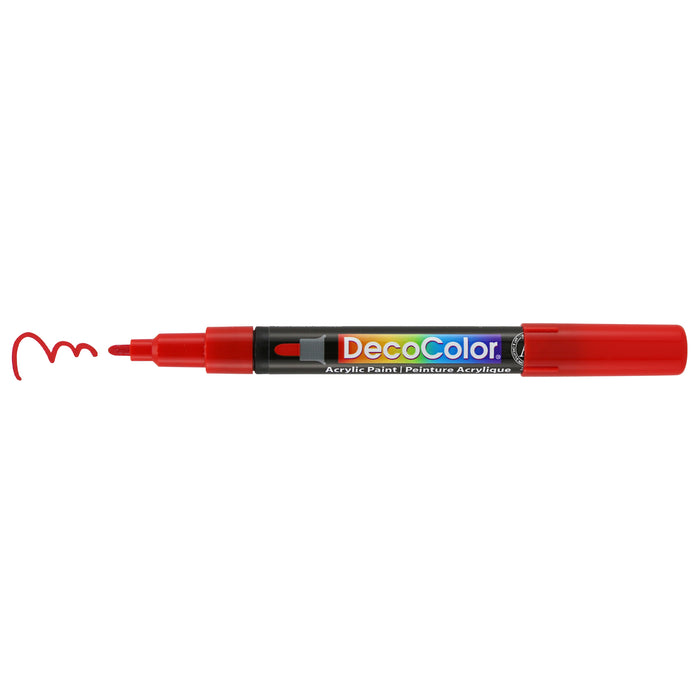 Decocolor acrylic fine tip marker red with cap off and color lines at tip