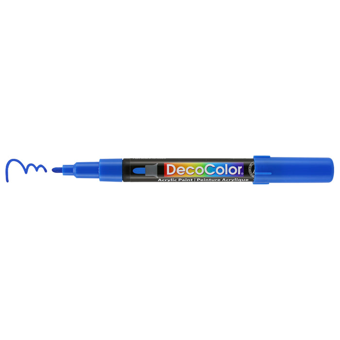 Decocolor acrylic fine tip marker blue with cap off and color lines at tip