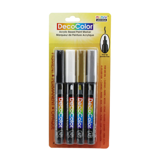 Decocolor Acrylic fine tip set with black, white, gold, and silver