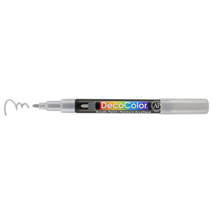 Decocolor Acrylic fine tip silver with cap off and color squiggle at tip