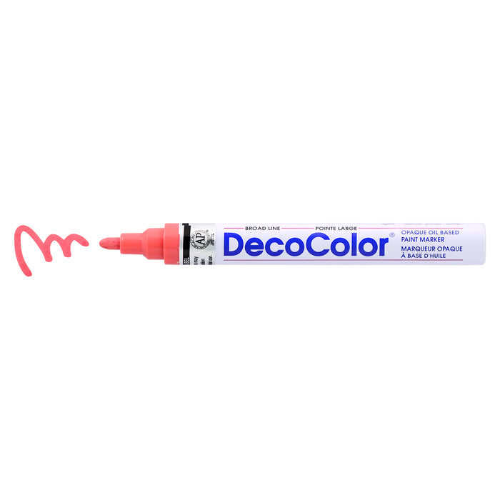 Decocolor broad marker coral pink with cap off and a color squiggle at tip